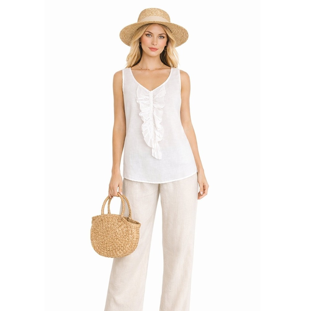Cut Loose Linen Lightweight White Ruffled Sleeveless Tank‎ Blouse Top M